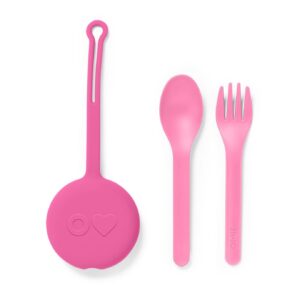 omiebox kids utensils set with case - 2 piece plastic, reusable fork and spoon silverware with pod for kids (bubble pink)