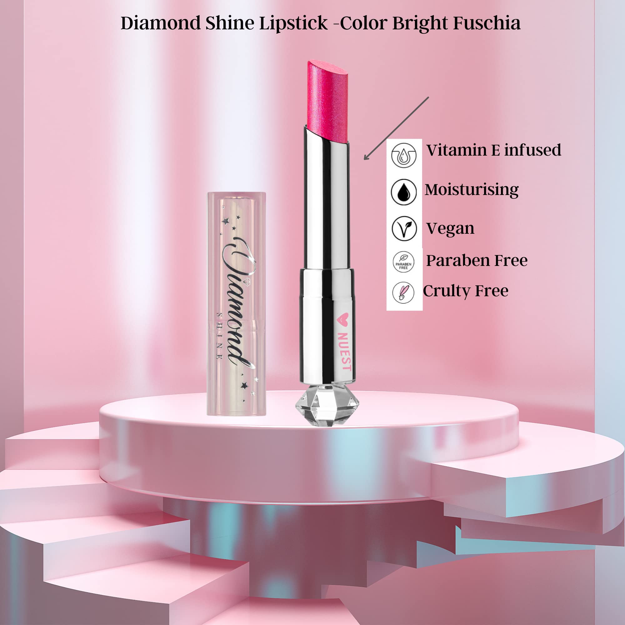 Nuest Diamond Shine Metallic Sparkle Lip Color with Vitamin E Cosmetics, Easy Application, High Pigment Full Coverage in 8 Glittery Shades, Cruelty Free, Vegan (Sweet Berry)