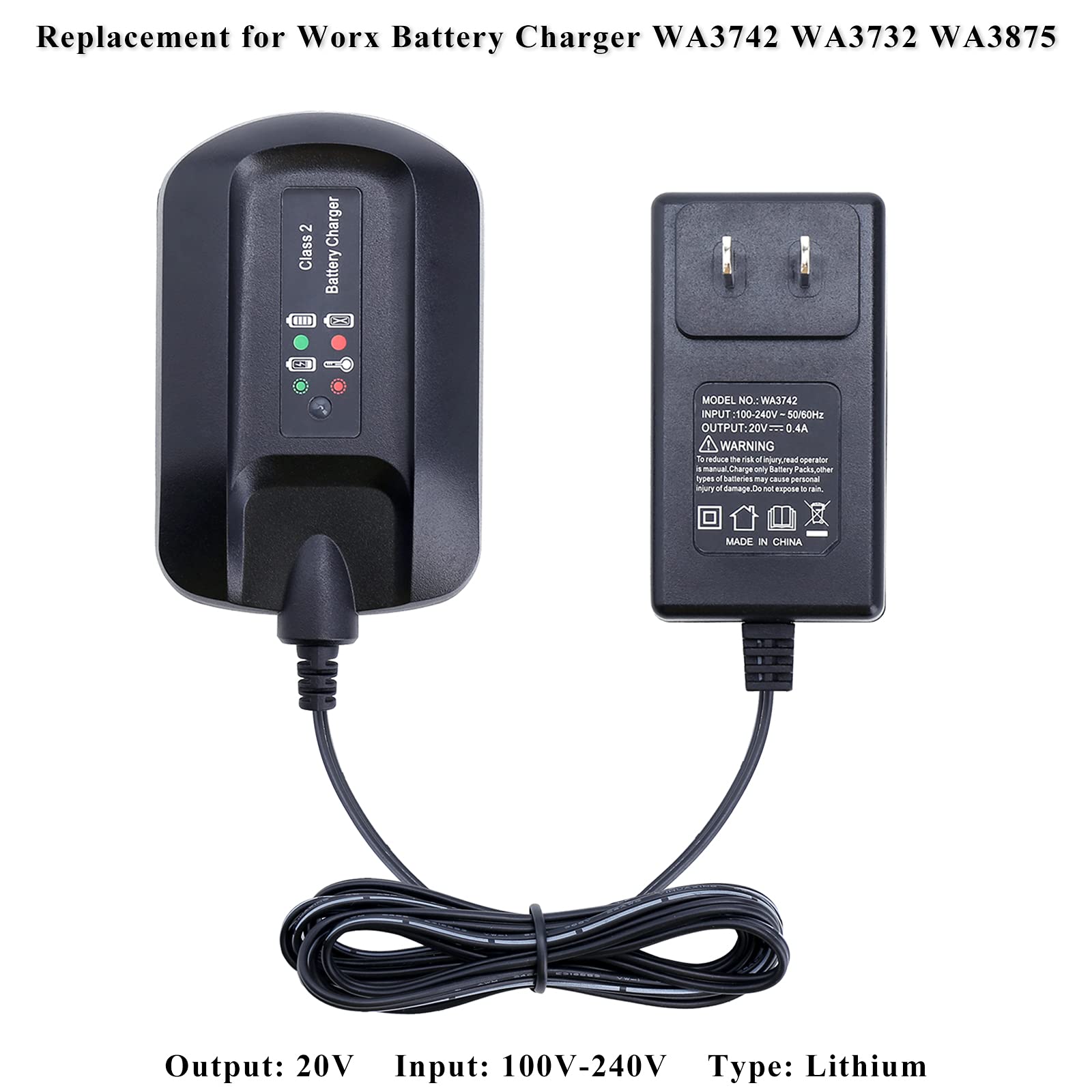 Elefly WA3742 Replacement for Worx 20V Battery Charger WA3732 Compatible with Worx 20V Lithium Battery WA3525 WA3520 WA3575 WA3578