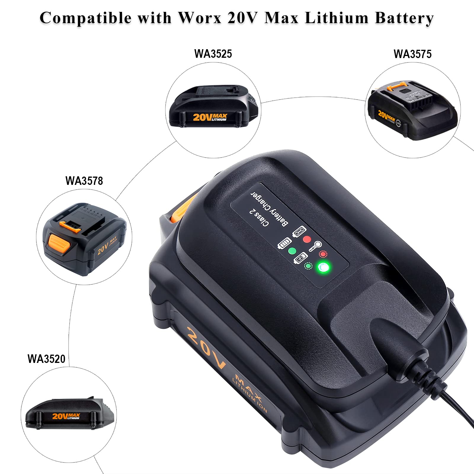 Elefly WA3742 Replacement for Worx 20V Battery Charger WA3732 Compatible with Worx 20V Lithium Battery WA3525 WA3520 WA3575 WA3578