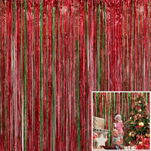 4 pack christmas decoration backdrop - 3 ft x 8 ft foil fringe curtains tinsel curtain party photo backdrop for birthday xmas holiday party decor