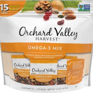 Orchard Valley Harvest Omega-3 Mix, 1 Ounce Bags (Pack of 15), Walnuts, Cranberries, Almonds, and Pistachios, Gluten Free, Non-GMO, No Artificial Ingredients