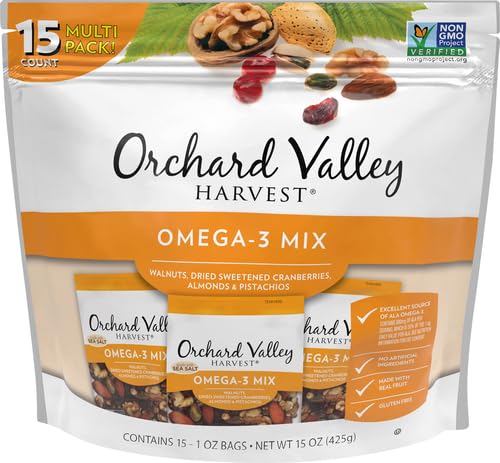 Orchard Valley Harvest Omega-3 Mix, 1 Ounce Bags (Pack of 15), Walnuts, Cranberries, Almonds, and Pistachios, Gluten Free, Non-GMO, No Artificial Ingredients