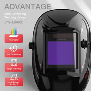 YESWELDER Large Viewing Screen 3.94"X3.27" True Color Solar Power Auto Darkening Welding Helmet, 4 Arc Sensor Wide Shade 4~5/9-9/13 for TIG MIG Arc Cut Grinding Welder Mask LYG-M800D