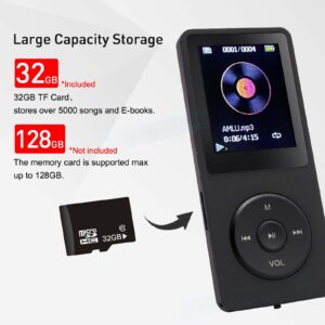 MP3 Player 32GB with Speaker Earphone Portable HiFi Lossless Sound MP3 Mini Music Player Voice Recorder E-Book HD Screen 1.8 inch Black Support up to 128GB