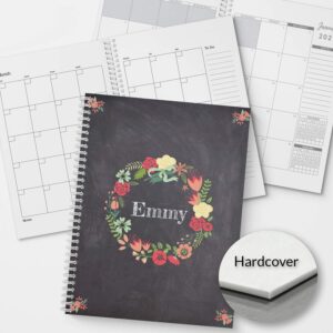 floral wreath personalized monthly and weekly hardcover planner and organizer, 1 full year, dated or undated option, 8.5" x 11", lay flat wire-o spiral binding