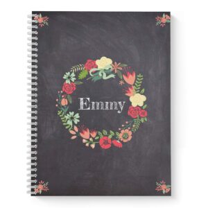 Floral Wreath Personalized Monthly and Weekly HARDCOVER Planner and Organizer, 1 full year, DATED or UNDATED OPTION, 8.5" x 11", lay flat wire-o spiral binding