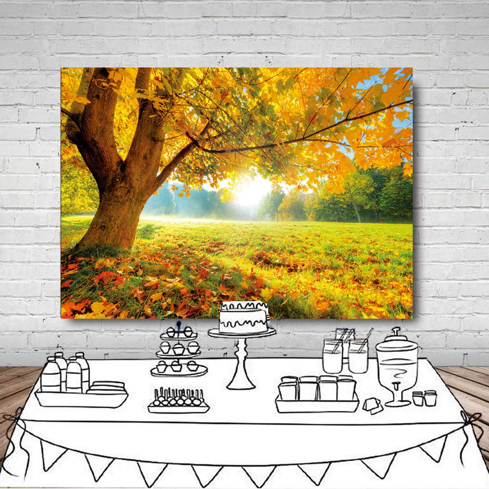 LYWYGG 7x5FT Autumn Golden Maple Deciduous Photography Background Fall Photo Backdrop Wedding Backdrop Newborn Photography Backdrops CP-189