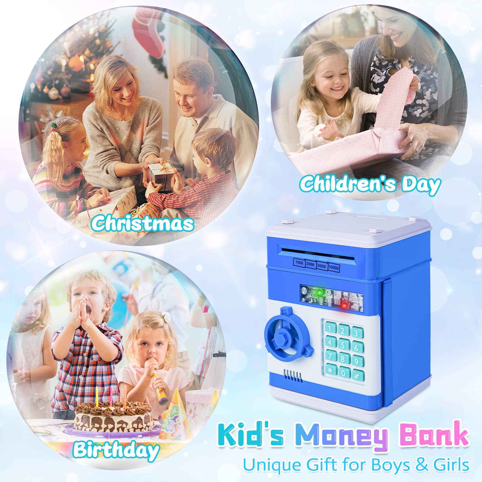 Safe Coin Bank Birthday Gift Toys for 3-12 Year Old Girl Boy, Refasy Children Fun Toys 8-12 Kids ATM Machine with Card Money for Cash Electronic Banks Box Blue