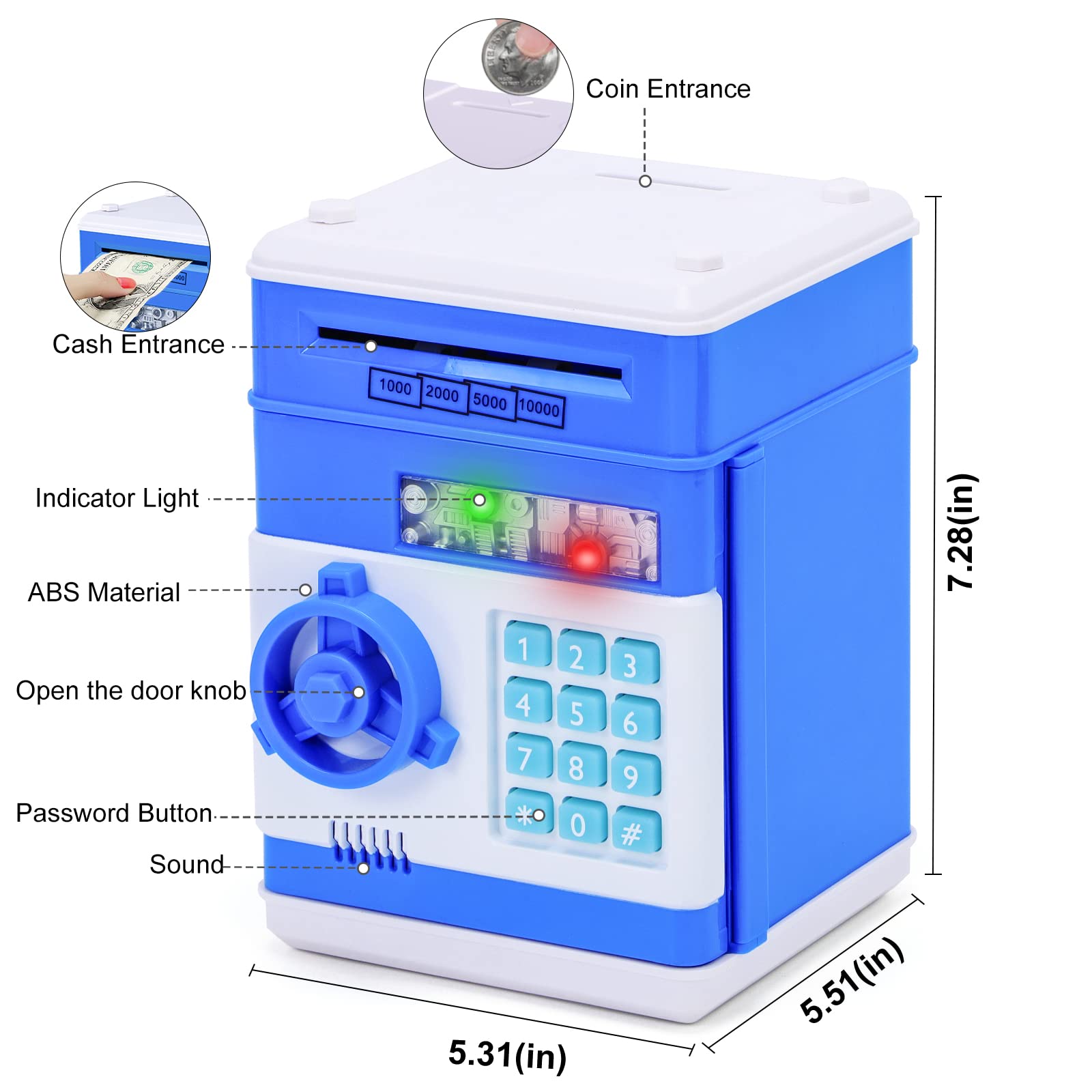 Safe Coin Bank Birthday Gift Toys for 3-12 Year Old Girl Boy, Refasy Children Fun Toys 8-12 Kids ATM Machine with Card Money for Cash Electronic Banks Box Blue