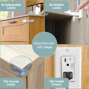 Inaya Complete Baby Proofing Kit - Child Safety Hidden Locks for Cabinets & Drawers, Adjustable Safety Latches, Corner Guards and Outlet Covers - Baby Proof Pack to Keep Your Child Safe at Home