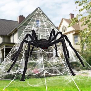 joyin 400‘’ halloween triangular spider web with 63‘’ giant scary , 23 x 18 ft and 120g stretch cobweb for outdoor decorations yard haunted house décor