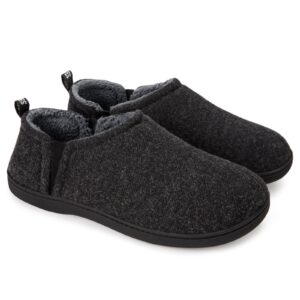 snug leaves men's fuzzy wool felt memory foam slippers warm winter faux sherpa indoor outdoor house shoes with dual side elastic gores (size 11-12 m, dark gray)