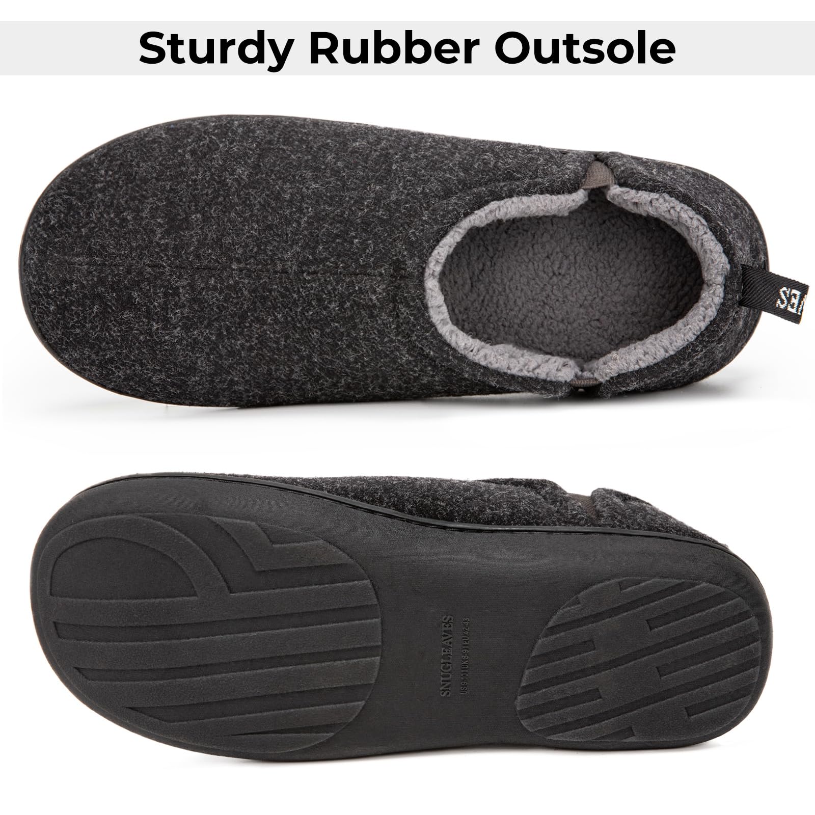 Snug Leaves Men's Fuzzy Wool Felt Memory Foam Slippers Warm Winter Faux Sherpa Indoor Outdoor House Shoes with Dual Side Elastic Gores (Size 11-12 M, Dark Gray)