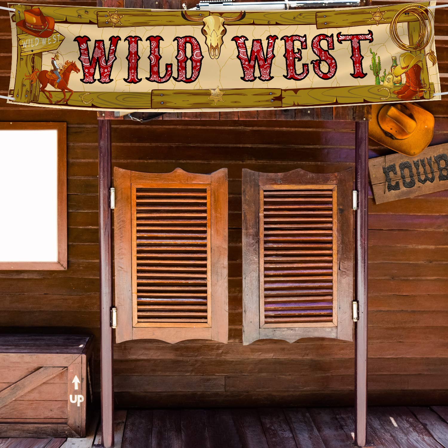 Cowboy Party Decorations Cowboy Banner Western Scene Setters for Cowboy Decorations Party Wooden House Barn Banner Western Party Supplies Wild West Backdrop Background 15.7 x 72 Inch