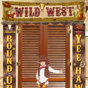 Cowboy Party Decorations Cowboy Banner Western Scene Setters for Cowboy Decorations Party Wooden House Barn Banner Western Party Supplies Wild West Backdrop Background 15.7 x 72 Inch