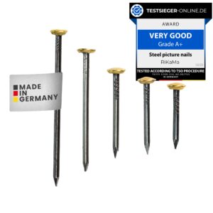 rikama® 50 picture nails gold | picture hanging kit | each 10x 0.75, 1, 1.25, 1.5, 2 inch | steel nails for hanging pictures | made in germany