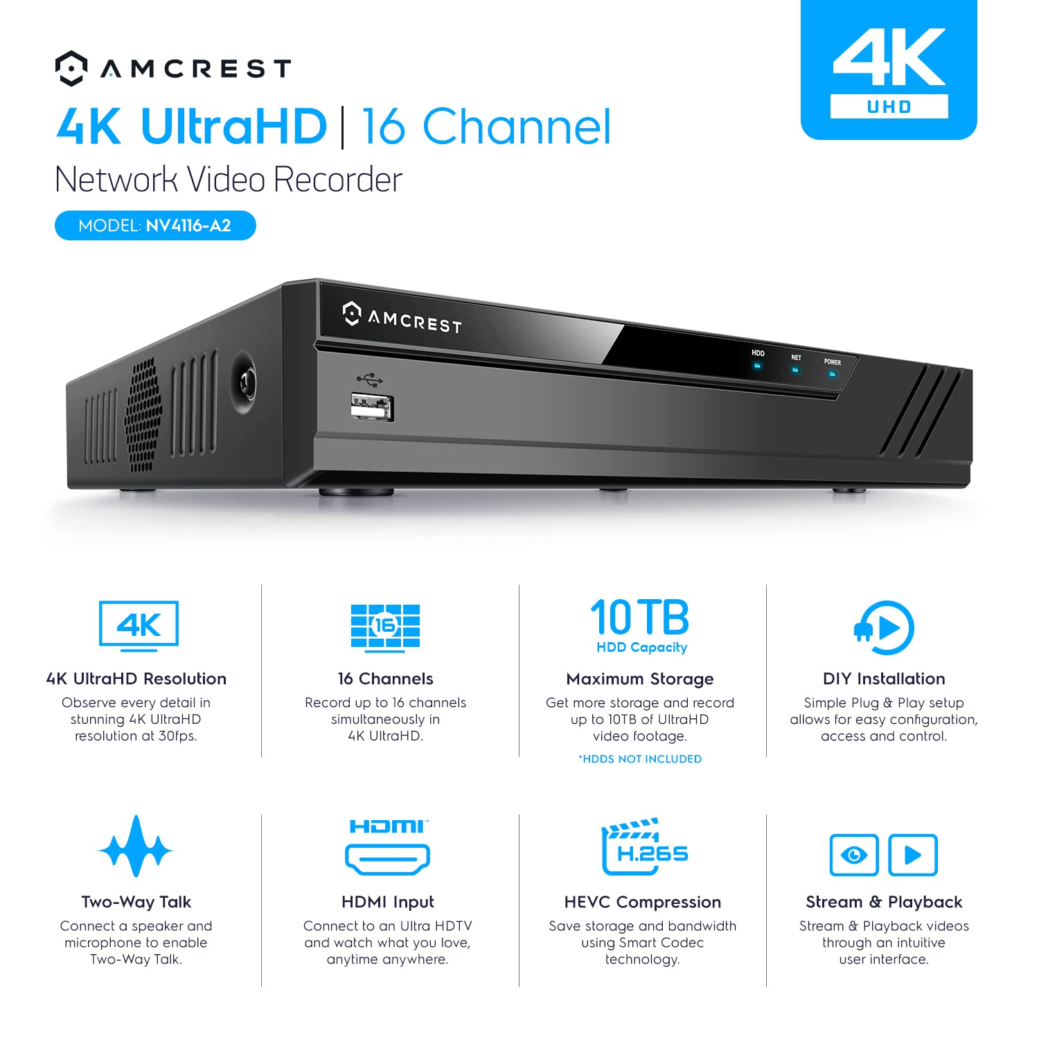 Amcrest 4K 16CH NVR (1080p/3MP/4MP/5MP/8MP) Network Video Recorder - Supports up to 16 x 8MP/4K IP Cameras, 16-Channel Supports up to 10TB HDD (Not Included) NV4116-A2