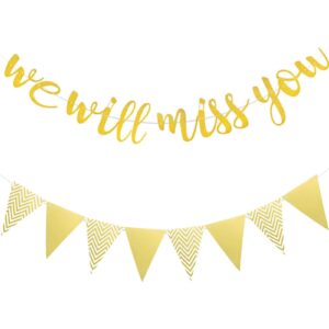 we will miss you banner gold glitter graduation banner and triangle flag banner for retirement farewell office going away work party decorations
