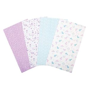 unicorns and flowers 4 pack flannel burp cloth set-hearts and stars, mini floral, herringbone and unicorn and clouds prints, purples, teal, pink and white, 100% cotton flannel, 11.5 in x 20 in each
