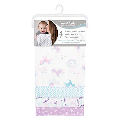 Unicorns and Flowers 4 Pack Flannel Burp Cloth Set-Hearts and Stars, Mini Floral, Herringbone and Unicorn and Clouds Prints, Purples, Teal, Pink and White, 100% Cotton Flannel, 11.5 in x 20 in Each