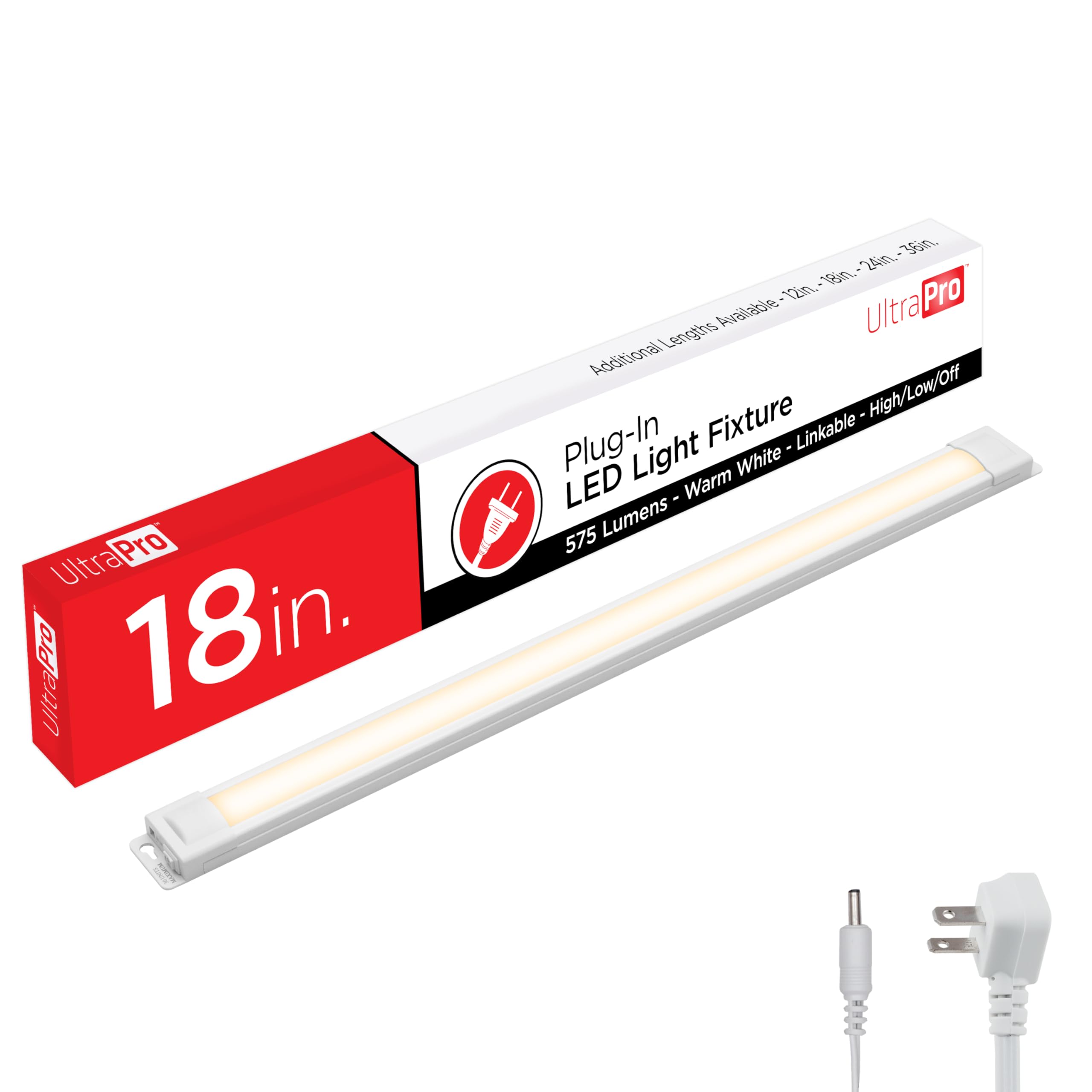 UltraPro 18 inch Plug-in Linkable Under Cabinet Lights, High/Low/Off, Warm White Light (2700K), LED Under Cabinet Lighting, Under Counter Lights for Kitchen, 44106