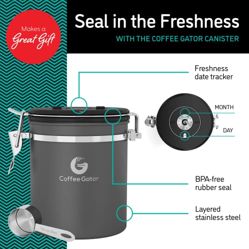 Coffee Gator Stainless Steel Canister - Medium 16oz, Silver Coffee Grounds and Beans Container with Date-Tracker, CO2-Release Valve, and Measuring Scoop - Ideal Coffee Lovers Gifts for Her