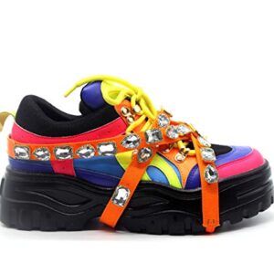 Cape Robbin Chunk Fever Neon Multicolor Mesh Trim Jewel Straps Lug Sole Sneaker (7, Neon Multi)