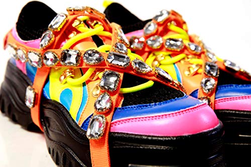 Cape Robbin Chunk Fever Neon Multicolor Mesh Trim Jewel Straps Lug Sole Sneaker (7, Neon Multi)