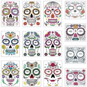 cokohappy halloween temporary face tattoos makeup kit (13 pack), day of the dead sugar skull floral black skeleton web red roses full face mask stickers tattoo families party supplies