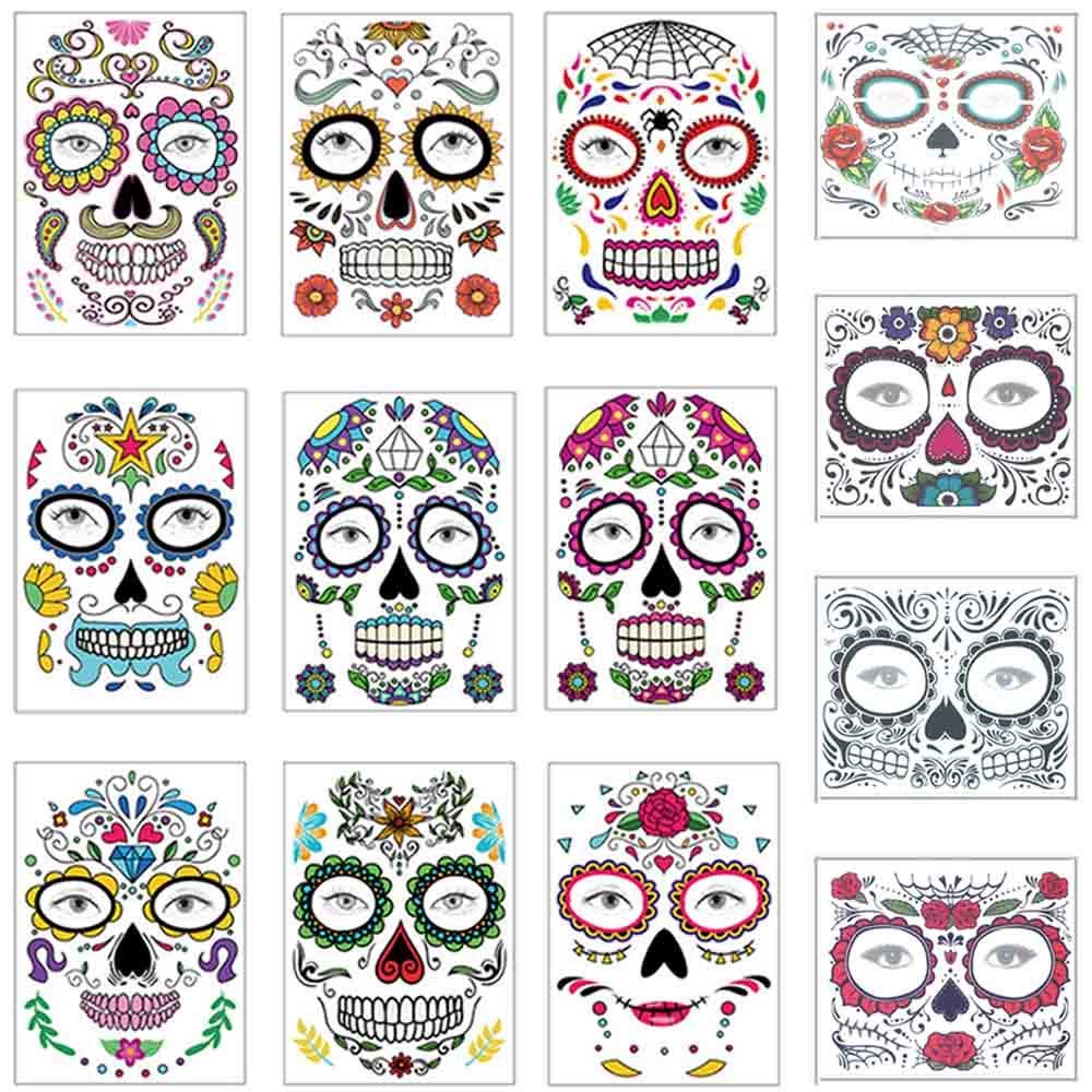 COKOHAPPY Halloween Temporary Face Tattoos Makeup Kit (13 Pack), Day of the Dead Sugar Skull Floral Black Skeleton Web Red Roses Full Face Mask Stickers Tattoo Families Party Supplies