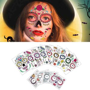 COKOHAPPY Halloween Temporary Face Tattoos Makeup Kit (13 Pack), Day of the Dead Sugar Skull Floral Black Skeleton Web Red Roses Full Face Mask Stickers Tattoo Families Party Supplies