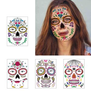 COKOHAPPY Halloween Temporary Face Tattoos Makeup Kit (13 Pack), Day of the Dead Sugar Skull Floral Black Skeleton Web Red Roses Full Face Mask Stickers Tattoo Families Party Supplies