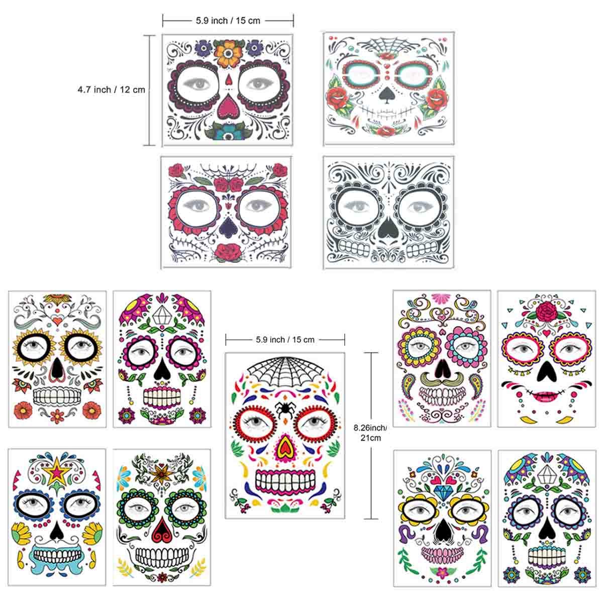 COKOHAPPY Halloween Temporary Face Tattoos Makeup Kit (13 Pack), Day of the Dead Sugar Skull Floral Black Skeleton Web Red Roses Full Face Mask Stickers Tattoo Families Party Supplies