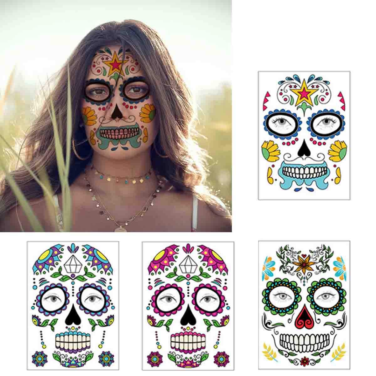 COKOHAPPY Halloween Temporary Face Tattoos Makeup Kit (13 Pack), Day of the Dead Sugar Skull Floral Black Skeleton Web Red Roses Full Face Mask Stickers Tattoo Families Party Supplies