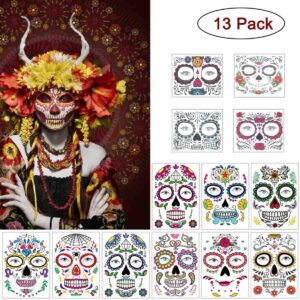 COKOHAPPY Halloween Temporary Face Tattoos Makeup Kit (13 Pack), Day of the Dead Sugar Skull Floral Black Skeleton Web Red Roses Full Face Mask Stickers Tattoo Families Party Supplies