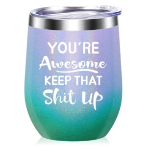 sheng run you're awesome keep that up - inspirational thank you gifts, new job congratulation christmas funny birthday gifts idea for women, friends, employee, coworkers, wine tumbler black, 12 oz