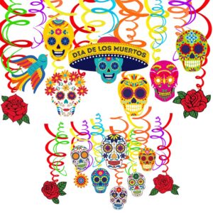 supla 32 pcs day of the dead hanging swirl decorations mexican party swirls streamers hanging ceiling décor with assorted sugar skull rose bird flower cutouts for día de los muertos halloween party