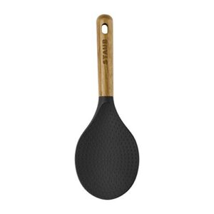 STAUB Rice Spoon, Perfect for Keeping Rice Fluffy While Scooping and Serving, Durable BPA-Free Matte Black Silicone, Acacia Wood Handles, Safe for Nonstick Cooking Surfaces, 8.75 x 3 x 0.75 inches