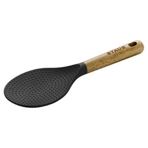 staub rice spoon, perfect for keeping rice fluffy while scooping and serving, durable bpa-free matte black silicone, acacia wood handles, safe for nonstick cooking surfaces, 8.75 x 3 x 0.75 inches