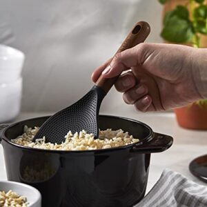 STAUB Rice Spoon, Perfect for Keeping Rice Fluffy While Scooping and Serving, Durable BPA-Free Matte Black Silicone, Acacia Wood Handles, Safe for Nonstick Cooking Surfaces, 8.75 x 3 x 0.75 inches