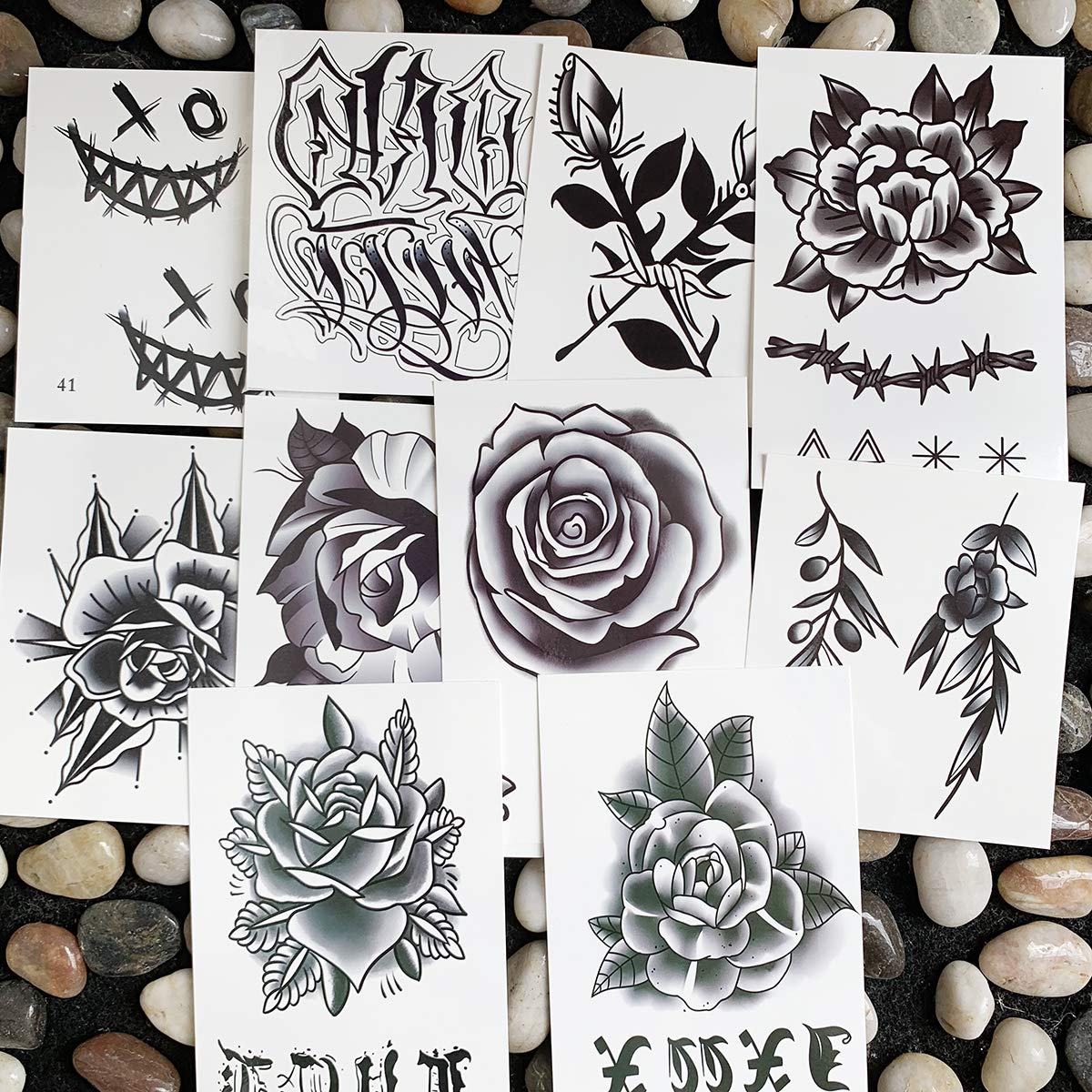 Oottati Waterproof 9 Sheets Back of Hand Fake Temporary Tattoo Stickers - Black Gothic Flower Rose