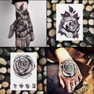 Oottati Waterproof 9 Sheets Back of Hand Fake Temporary Tattoo Stickers - Black Gothic Flower Rose