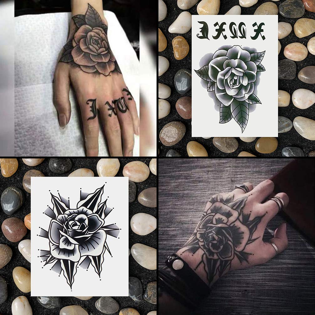 Oottati Waterproof 9 Sheets Back of Hand Fake Temporary Tattoo Stickers - Black Gothic Flower Rose