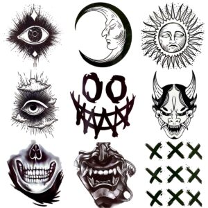 oottati waterproof 9 sheets back of hand fake temporary tattoo stickers - black halloween skull horror eye devil sun moon totem (halloween)