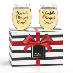 worlds okayest couple glasses, wine glass set of 2, funny wine glass set of 2, funny gift for couples, engagement gift idea for couples, wedding gift, anniversary wine glasses for couples