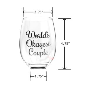 Worlds Okayest Couple Glasses, Wine Glass Set of 2, Funny Wine Glass set of 2, Funny Gift for Couples, Engagement Gift Idea for Couples, Wedding Gift, Anniversary Wine Glasses for Couples