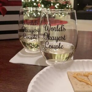 Worlds Okayest Couple Glasses, Wine Glass Set of 2, Funny Wine Glass set of 2, Funny Gift for Couples, Engagement Gift Idea for Couples, Wedding Gift, Anniversary Wine Glasses for Couples