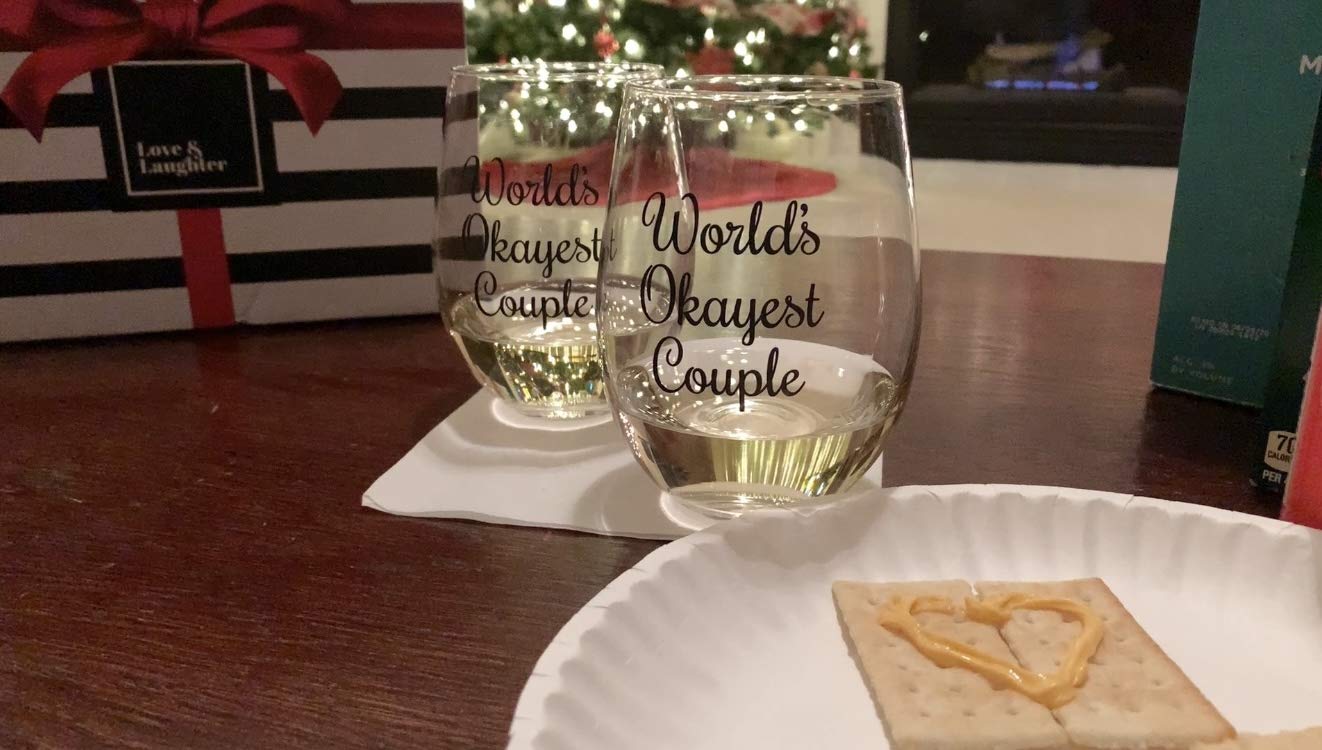 Worlds Okayest Couple Glasses, Wine Glass Set of 2, Funny Wine Glass set of 2, Funny Gift for Couples, Engagement Gift Idea for Couples, Wedding Gift, Anniversary Wine Glasses for Couples