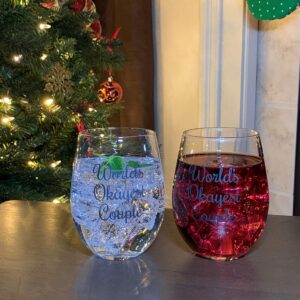 Worlds Okayest Couple Glasses, Wine Glass Set of 2, Funny Wine Glass set of 2, Funny Gift for Couples, Engagement Gift Idea for Couples, Wedding Gift, Anniversary Wine Glasses for Couples